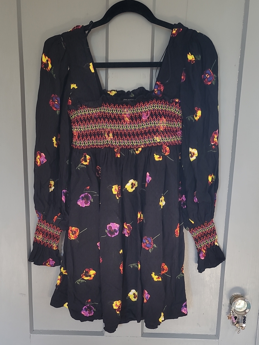 Urban Outfitters Black Floral Smocked Mini Dress with Multicolor Blooms